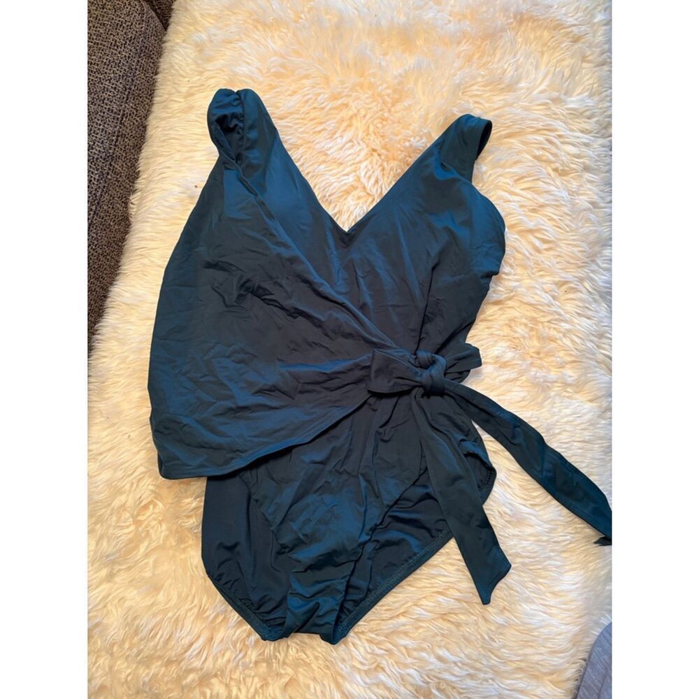 Land's End plus size side tie wrap one piece V-neck swimsuit balsam soft cup 16 - Picture 5 of 7